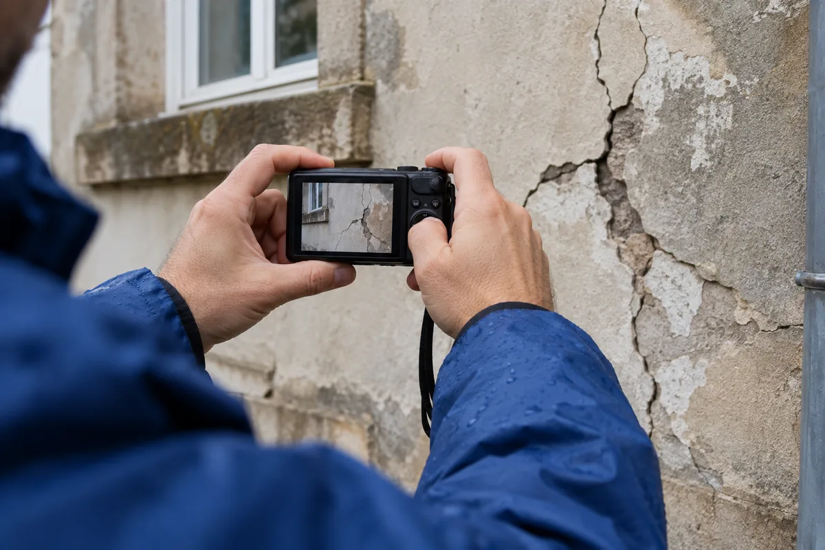 Mains photographiant un mur fissuré avec un appareil compact