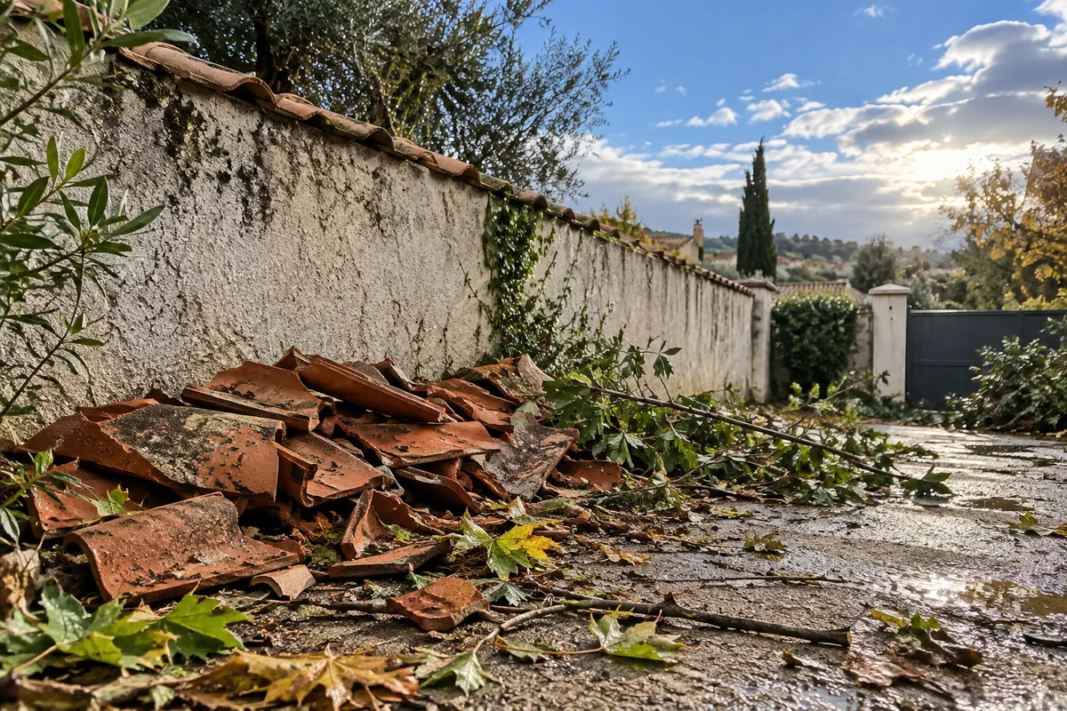 Tuiles cassées empilées au pied d’un mur de jardin après une tempête