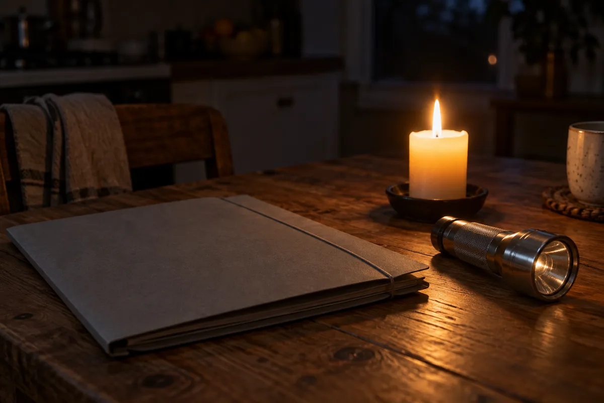 Dossier cartonné et lampe de poche posés sur une table de cuisine