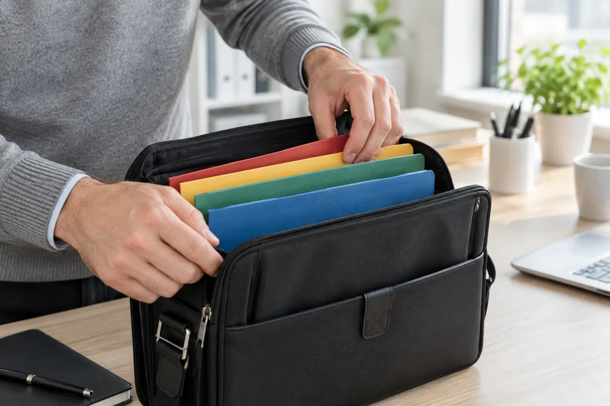 Mains rangeant quatre chemises cartonnées de couleurs différentes dans un porte-documents