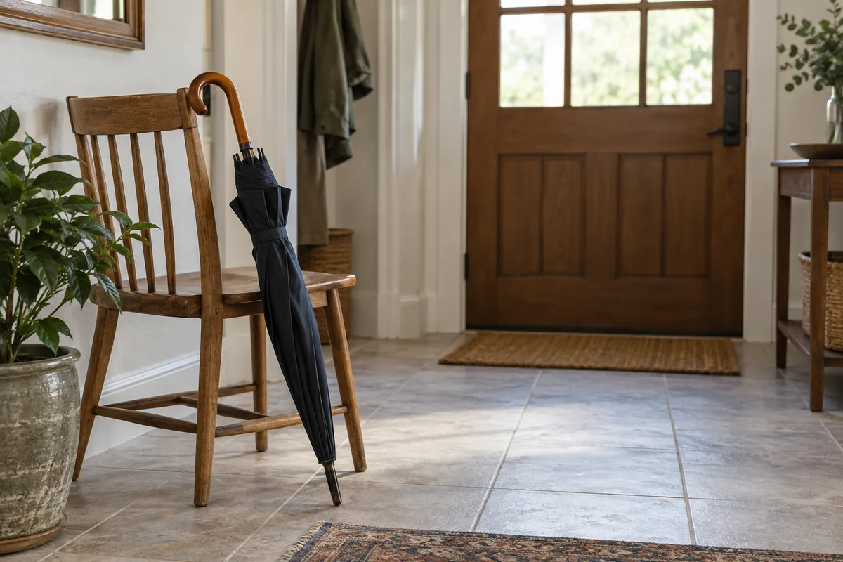 Parapluie fermé posé contre une chaise en bois dans une entrée carrelée
