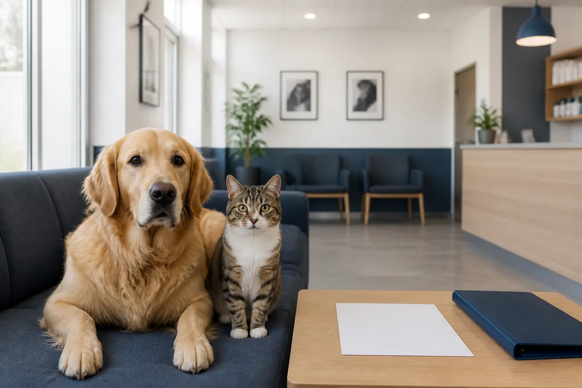 Un chien et un chat côte à côte dans une salle d’attente vétérinaire