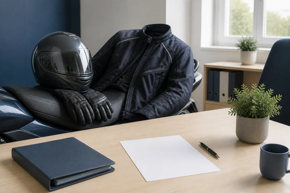 Un casque, des gants et un blouson de moto posés sur une selle