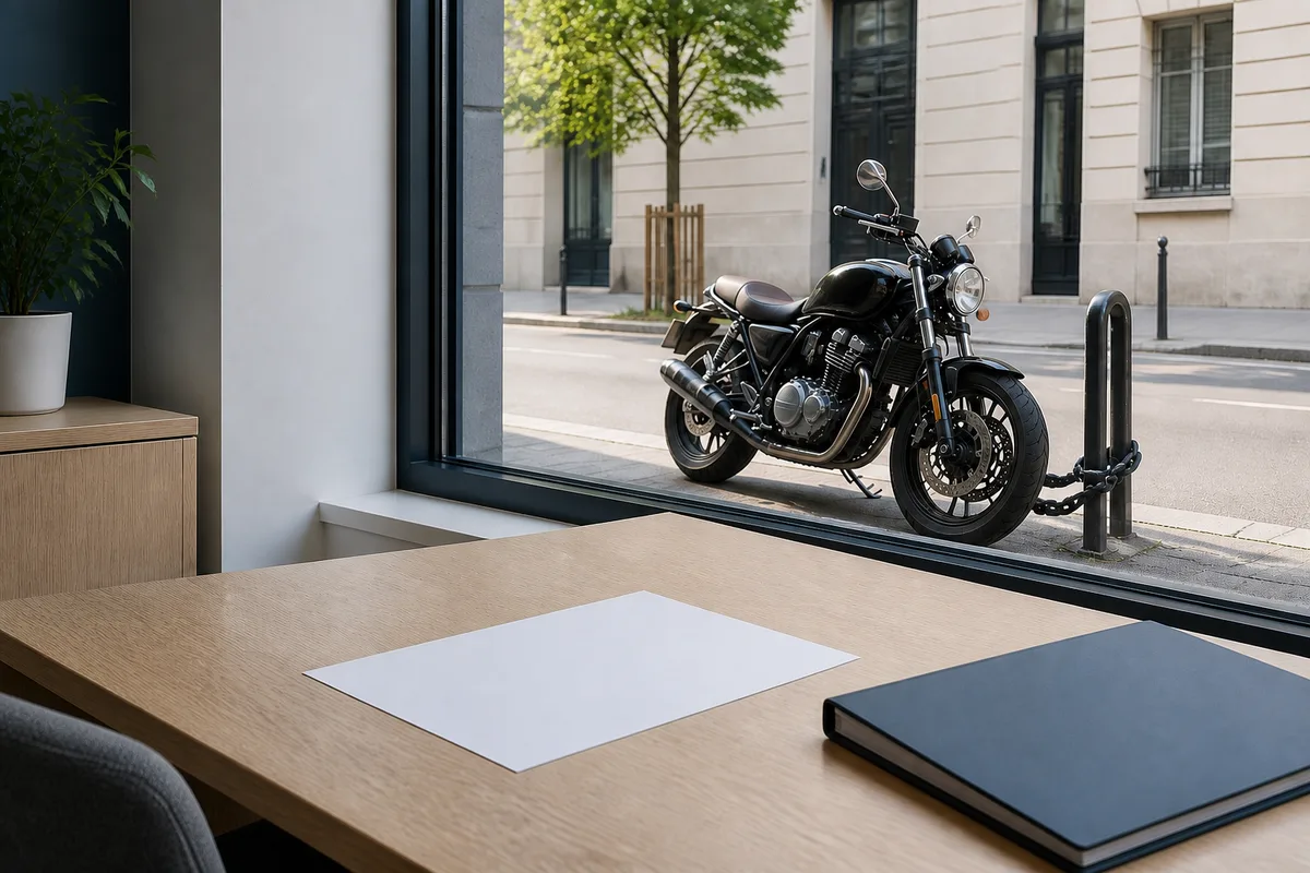 Une moto attachée par un antivol à un point fixe dans une rue