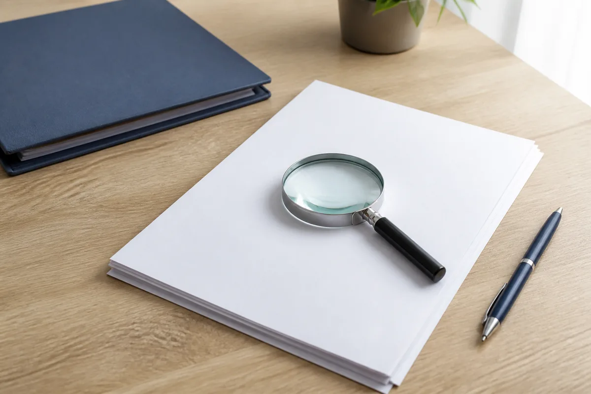 Documents de contrat annotés avec une loupe posée sur une clause de franchise