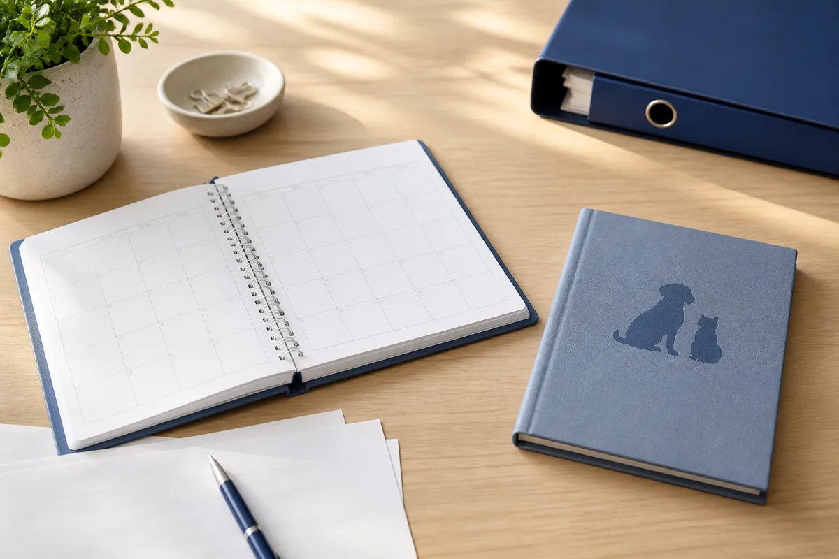 Un calendrier ouvert posé à côté d’un carnet de santé pour animal