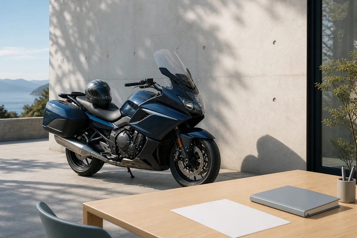 Un motard consultant des documents devant sa moto garée