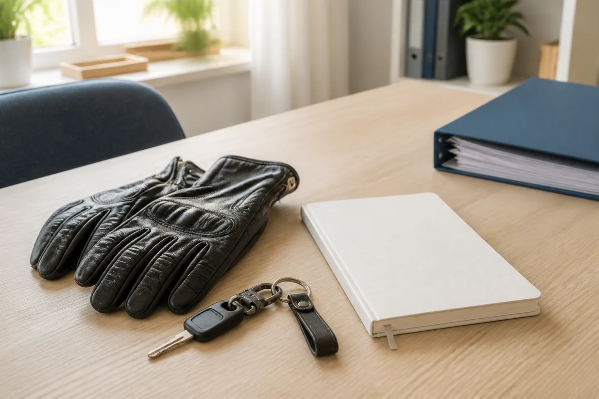 Un carnet ouvert avec des colonnes de chiffres et une clé de moto posée dessus