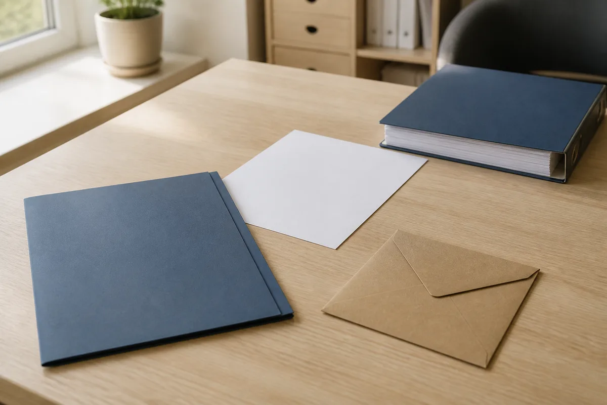Un dossier administratif ouvert avec des formulaires et une enveloppe recommandée
